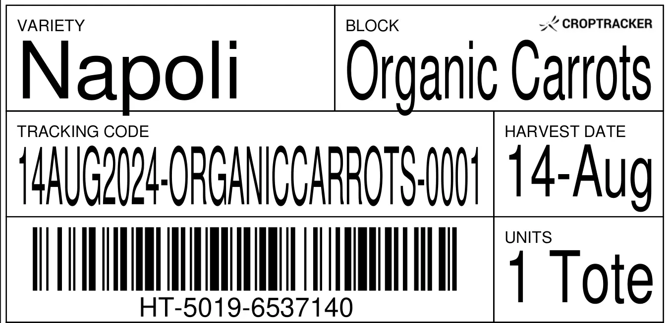 Croptracker Harvest Label Example with 1D Code