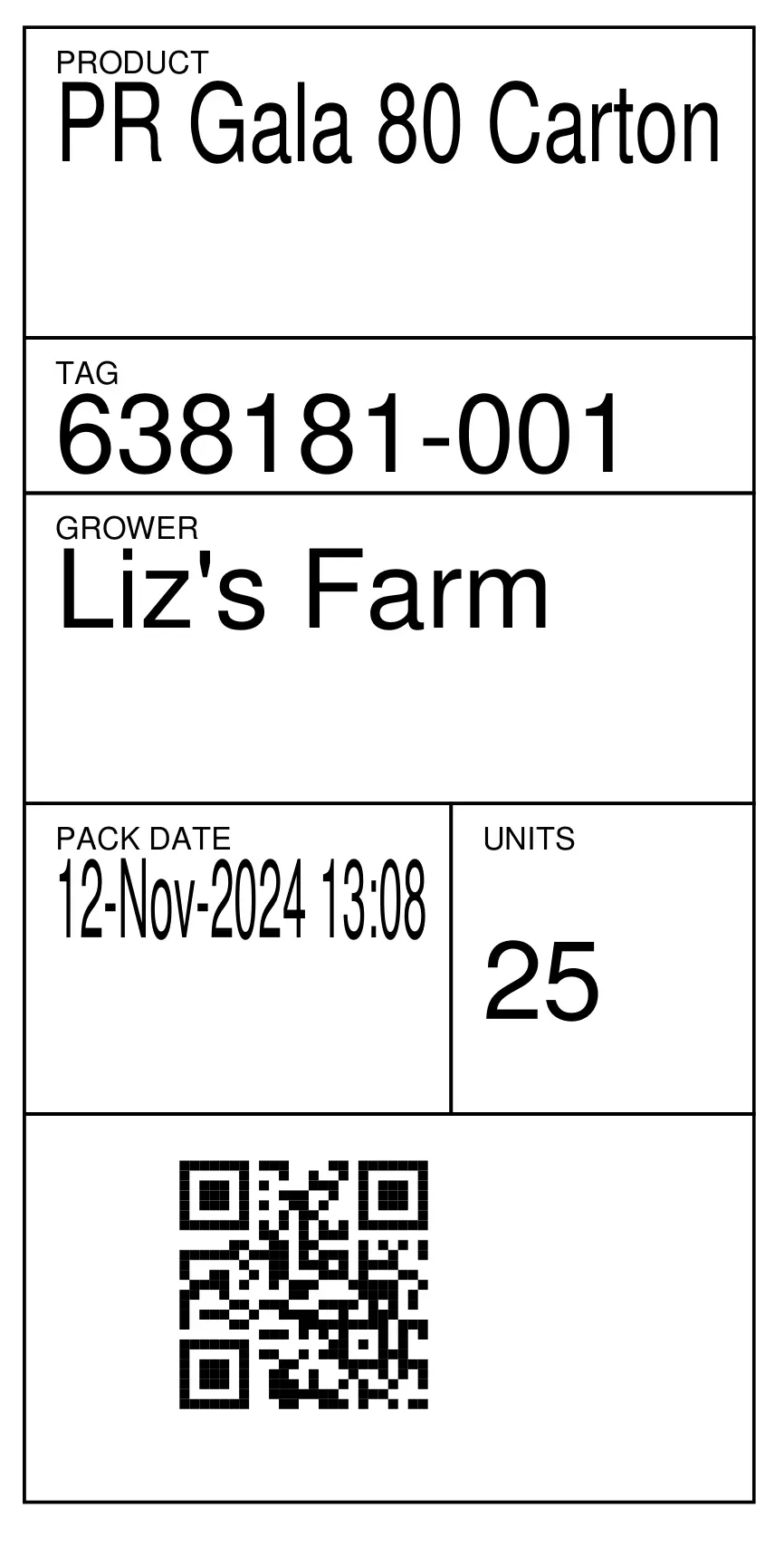 Croptracker Harvest Label Example with 2D Code