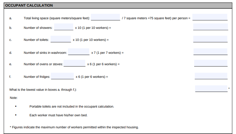 An exerpt from the Canadian schedule F housing inspection report