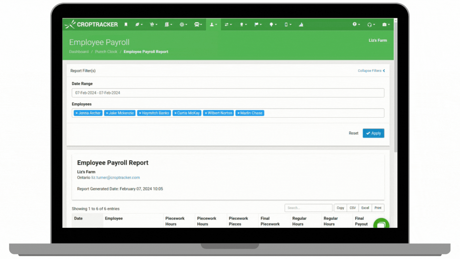 Scrolling through the employee payroll report in croptracker