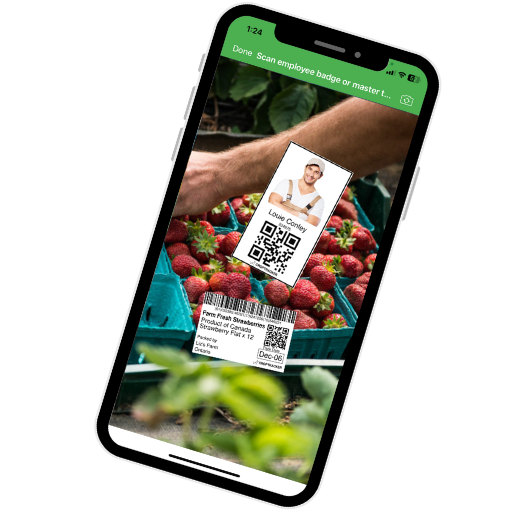 Croptracker's App showing a employee badge being scanned against a master tag