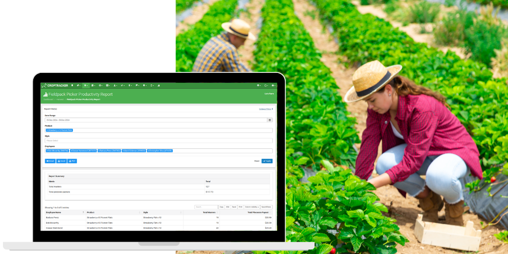 Croptracker Field Pack Report and showing people hand harvesting
